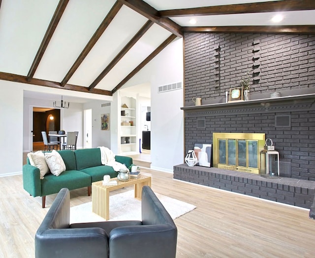 59663 Pettengill Dr, New Hudson, MI 48165 - living area featuring high vaulted ceiling, baseboards, wood finished floors, beam ceiling, and a fireplace