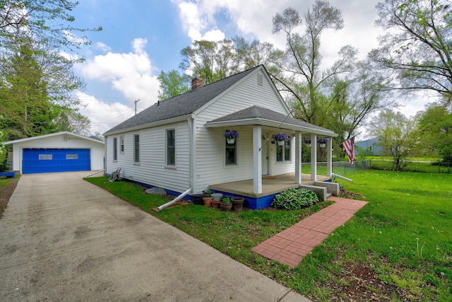 132 Jerome Ave, Ypsilanti, MI 48198 - view of front of house with a porch, an outdoor structure, a garage, a chimney, and roof with shingles