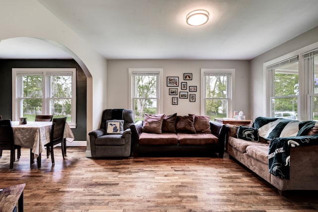 132 Jerome Ave, Ypsilanti, MI 48198 - living area featuring arched walkways and wood finished floors
