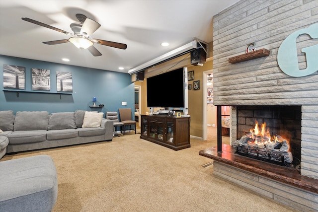 2726 Horton Ct, Niles, MI 49120 - living area with recessed lighting, a ceiling fan, carpet floors, and a stone fireplace