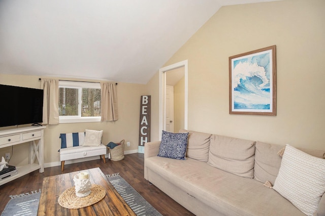 6280 Gleason Rd, Saugatuck, MI 49453 - living room with lofted ceiling, wood finished floors, and baseboards