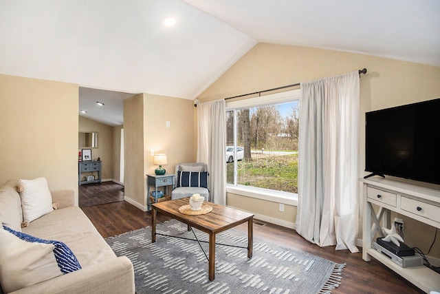 6280 Gleason Rd, Saugatuck, MI 49453 - living room with lofted ceiling, wood finished floors, baseboards, and recessed lighting