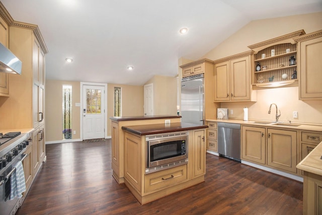 6280 Gleason Rd, Saugatuck, MI 49453 - kitchen featuring built in appliances, a sink, vaulted ceiling, dark wood-style floors, and baseboards