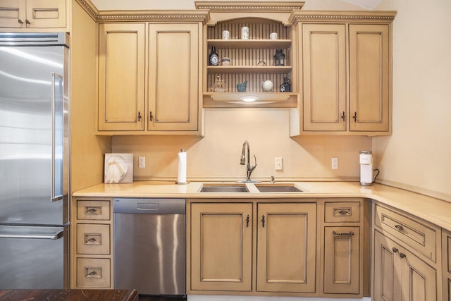 6280 Gleason Rd, Saugatuck, MI 49453 - kitchen with appliances with stainless steel finishes, a sink, light countertops, and open shelves