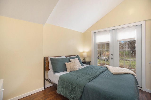 6280 Gleason Rd, Saugatuck, MI 49453 - bedroom with access to outside, baseboards, lofted ceiling, and dark wood finished floors