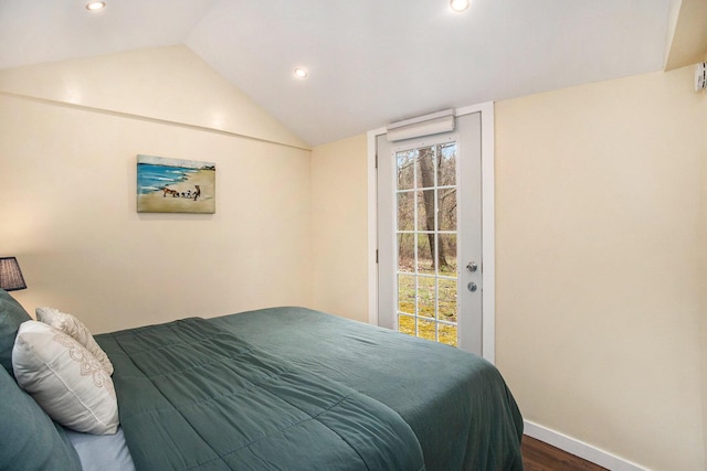6280 Gleason Rd, Saugatuck, MI 49453 - bedroom with access to exterior, dark wood-style floors, baseboards, vaulted ceiling, and recessed lighting