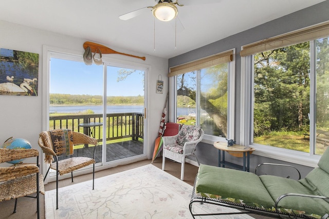 9458 Edwin Markham Rd, Brooklyn, MI 49230 - sunroom / solarium featuring a water view, healthy amount of natural light, and ceiling fan
