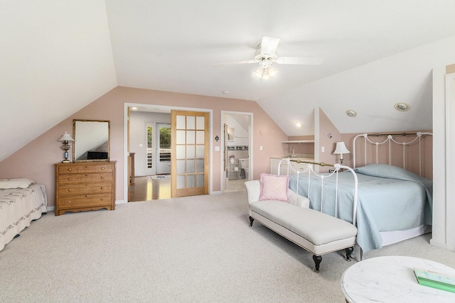 9458 Edwin Markham Rd, Brooklyn, MI 49230 - bedroom with vaulted ceiling, carpet, ceiling fan, and french doors