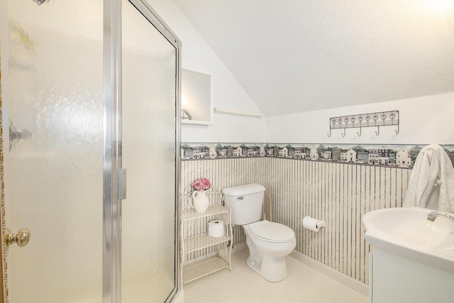 9458 Edwin Markham Rd, Brooklyn, MI 49230 - full bath with a stall shower, vanity, lofted ceiling, a wainscoted wall, and toilet