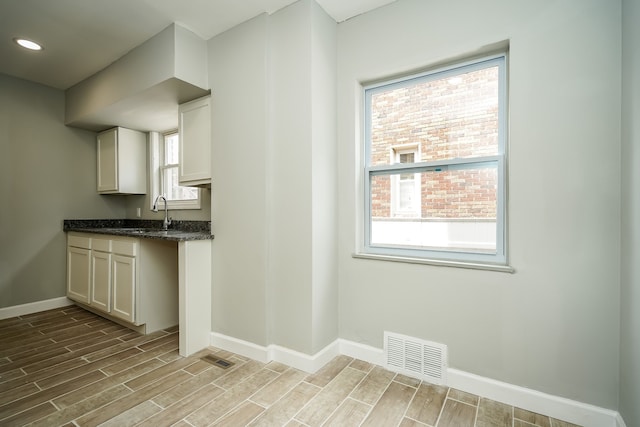 17344 Wisconsin St, Detroit, MI 48221 - kitchen with baseboards, wood tiled floors, a sink, white cabinets, and dark stone counters