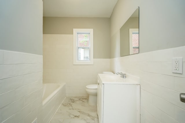 17344 Wisconsin St, Detroit, MI 48221 - full bath with tile walls, toilet, marble finish floors, a bath, and vanity
