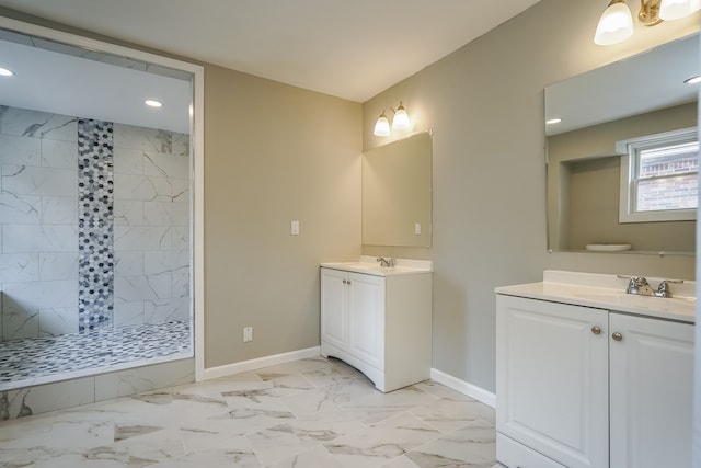 17344 Wisconsin St, Detroit, MI 48221 - full bath featuring baseboards, marble finish floors, a marble finish shower, two vanities, and recessed lighting