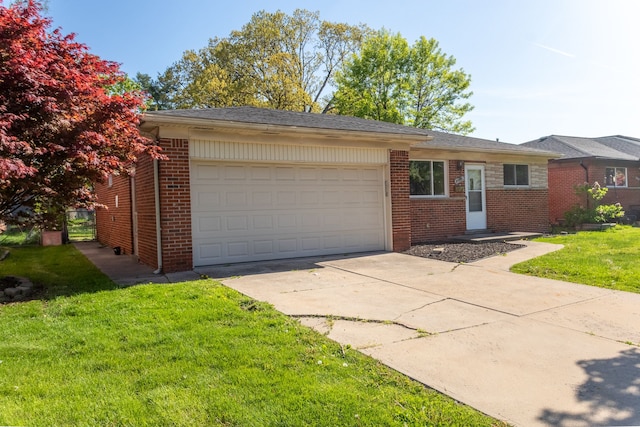 view of front of home featuring a garage, brick siding, a front yard, and concrete driveway