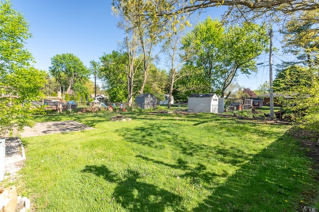 view of yard with a storage shed and an outbuilding