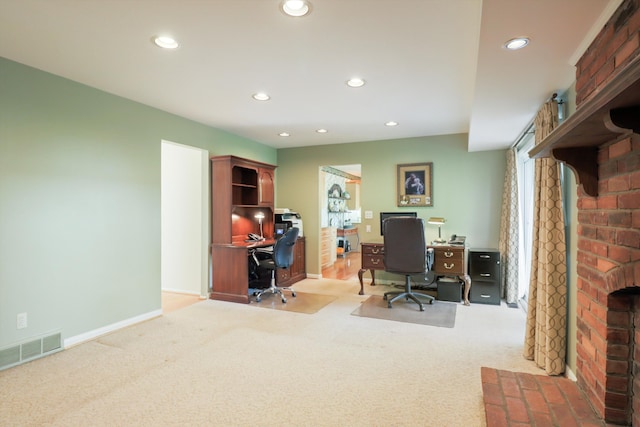 carpeted home office with recessed lighting, baseboards, and a fireplace