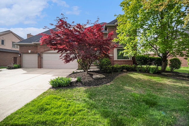 24391 Cavendish Ave E, Novi, MI 48375 - obstructed view of property featuring brick siding, an attached garage, concrete driveway, and a front lawn