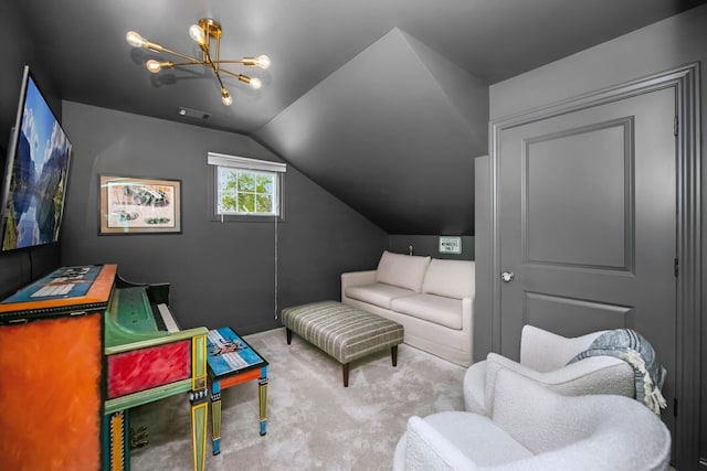 interior space with carpet flooring, a chandelier, and vaulted ceiling