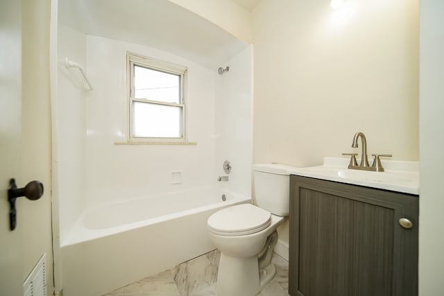 full bath featuring marble finish flooring, toilet, shower / washtub combination, and vanity