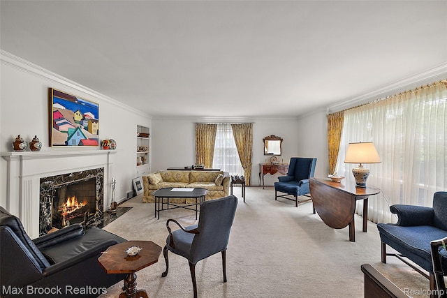 3287 Bradway Blvd, Bloomfield Hills, MI 48301 - living room with ornamental molding, a fireplace, and light colored carpet