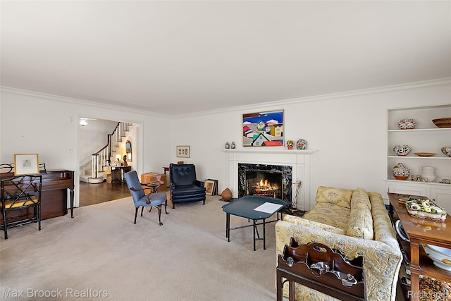 3287 Bradway Blvd, Bloomfield Hills, MI 48301 - living area featuring crown molding, stairway, a premium fireplace, and light carpet