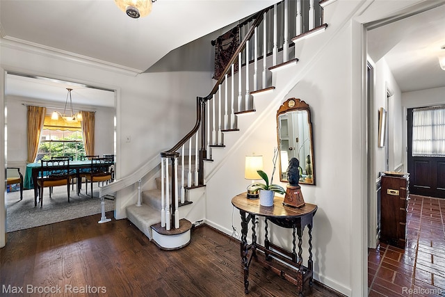 3287 Bradway Blvd, Bloomfield Hills, MI 48301 - stairs with crown molding, wood finished floors, and a chandelier