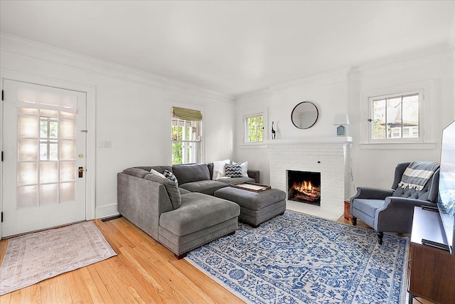 living area featuring ornamental molding, light wood-style flooring, and a fireplace