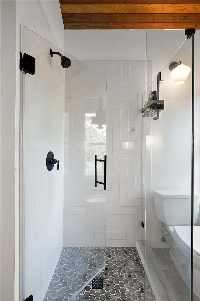 full bathroom with toilet, a shower stall, and tile patterned flooring