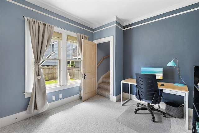 carpeted home office with crown molding and baseboards