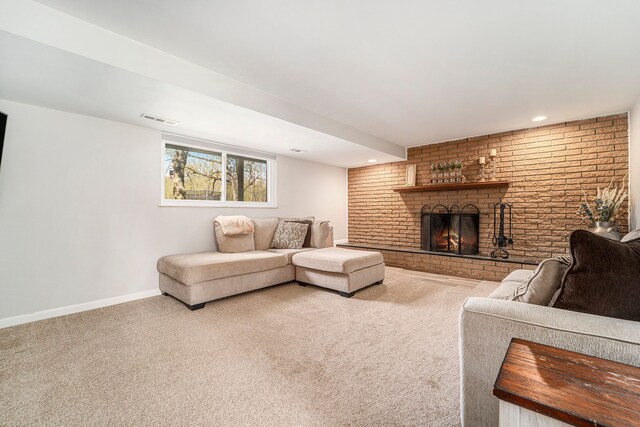 9703 Tower Rd, South Lyon, MI 48178 - carpeted living area featuring a fireplace, baseboards, and brick wall