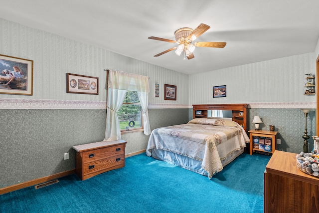 8869 E Hawley Rd, Hesperia, MI 49421 - bedroom featuring wallpapered walls, carpet, and ceiling fan