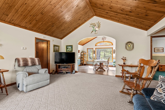 8869 E Hawley Rd, Hesperia, MI 49421 - living room featuring high vaulted ceiling, arched walkways, wooden ceiling, carpet flooring, and baseboards