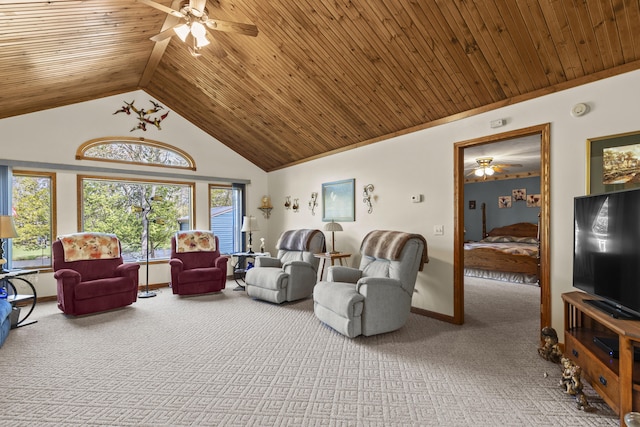 8869 E Hawley Rd, Hesperia, MI 49421 - living room featuring ceiling fan, carpet flooring, wood ceiling, baseboards, and high vaulted ceiling