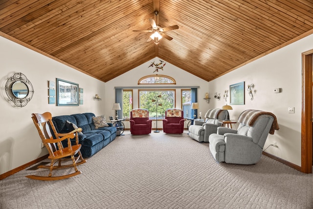 8869 E Hawley Rd, Hesperia, MI 49421 - carpeted living room with wood ceiling, ceiling fan, baseboards, and high vaulted ceiling