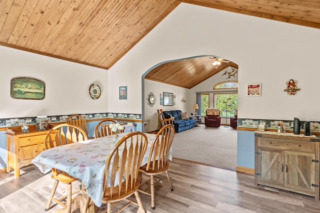 8869 E Hawley Rd, Hesperia, MI 49421 - dining area featuring wooden ceiling, arched walkways, high vaulted ceiling, wood finished floors, and a wainscoted wall