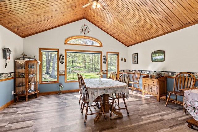 8869 E Hawley Rd, Hesperia, MI 49421 - dining space featuring wooden ceiling, wood finished floors, ceiling fan, baseboards, and high vaulted ceiling