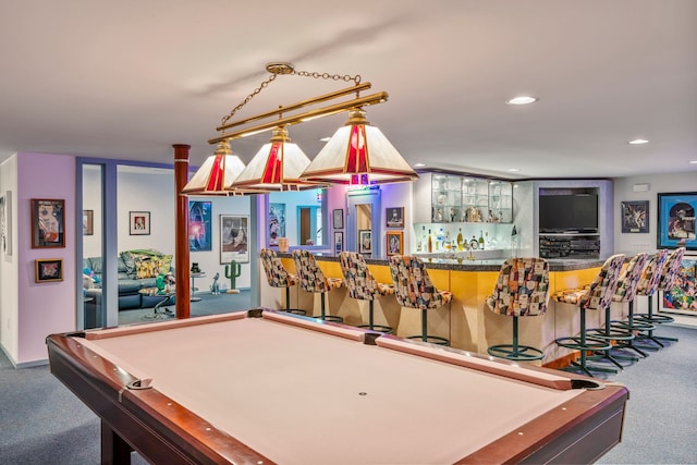 rec room featuring billiards table, carpet, a community bar, and recessed lighting