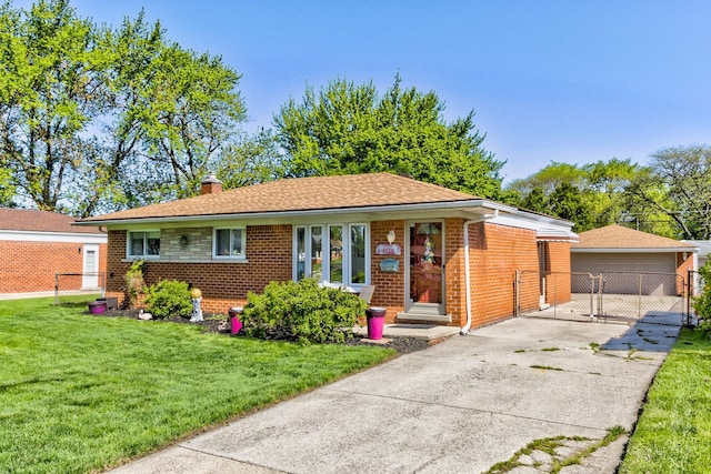 ranch-style home featuring a chimney, brick siding, a gate, a garage, and an outbuilding