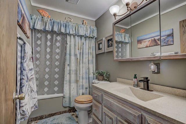 bathroom with toilet, shower / bathtub combination with curtain, and vanity