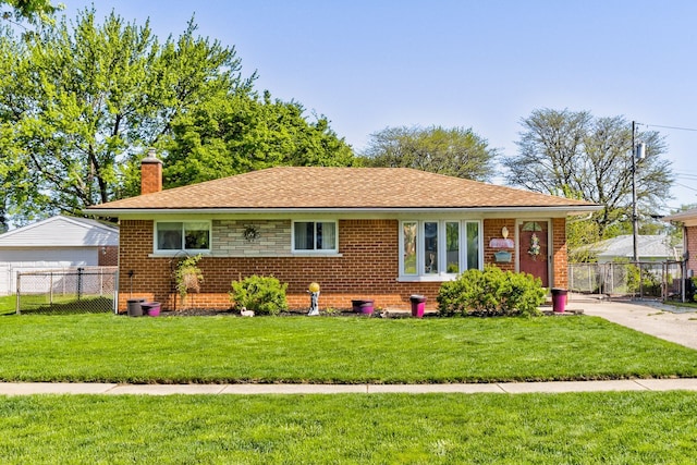 ranch-style home featuring a chimney, brick siding, roof with shingles, and a garage