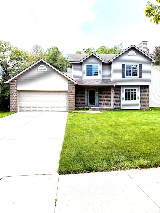 137 Donna, Waterford, MI 48327 - traditional-style house featuring brick siding, an attached garage, concrete driveway, a front lawn, and a chimney