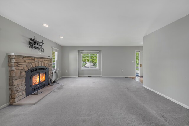 137 Donna, Waterford, MI 48327 - unfurnished living room with a fireplace, baseboards, carpet floors, and recessed lighting