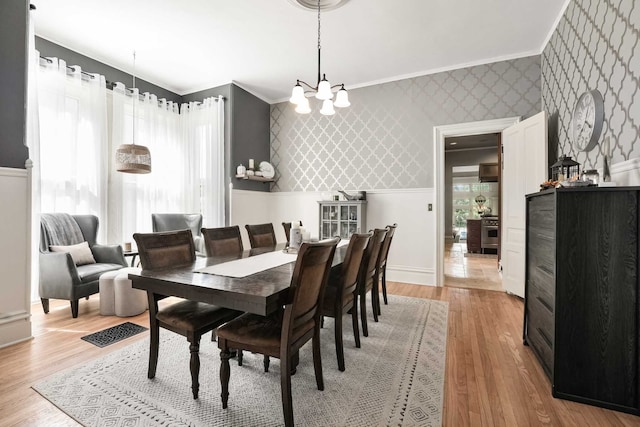 529 Fountain St NE, Grand Rapids, MI 49503 - dining space with wallpapered walls, a chandelier, light wood finished floors, and ornamental molding