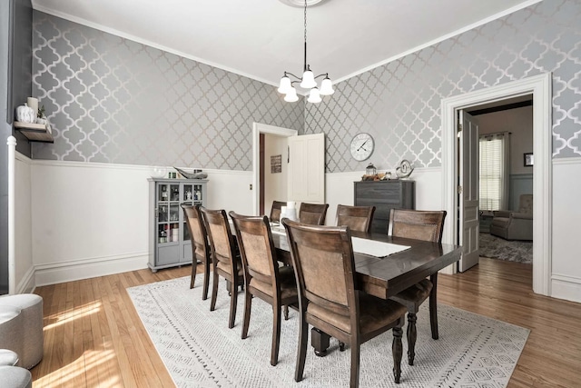 529 Fountain St NE, Grand Rapids, MI 49503 - dining space with a wainscoted wall, a chandelier, wallpapered walls, light wood-style flooring, and crown molding