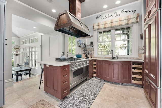 529 Fountain St NE, Grand Rapids, MI 49503 - kitchen featuring double oven range, premium range hood, crown molding, a sink, and light countertops