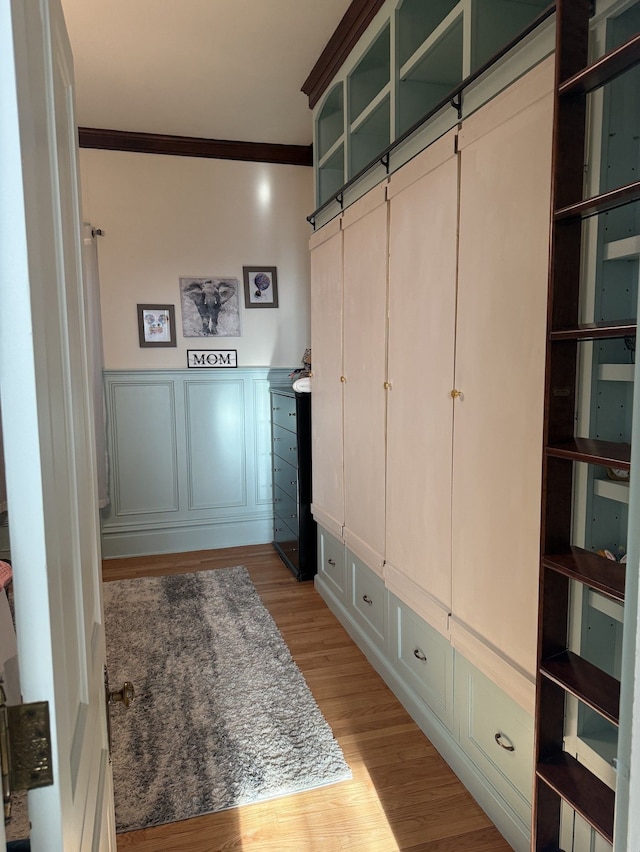 529 Fountain St NE, Grand Rapids, MI 49503 - mudroom featuring light wood finished floors, crown molding, wainscoting, and a decorative wall