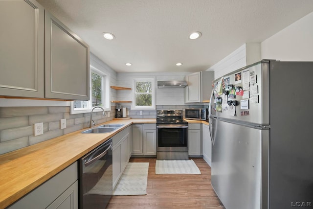kitchen with appliances with stainless steel finishes, a sink, light wood-type flooring, backsplash, and recessed lighting