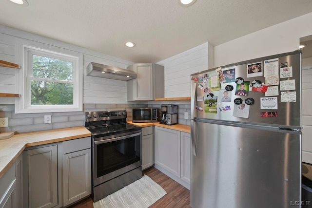 kitchen with stainless steel appliances, wood counters, wall chimney exhaust hood, gray cabinets, and recessed lighting