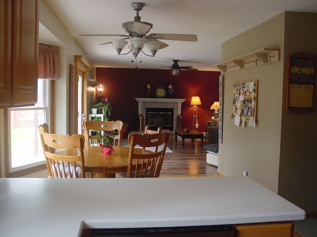 10832 Eagle Cove Dr, South Lyon, MI 48178 - dining space featuring a ceiling fan, wood finished floors, and a tiled fireplace