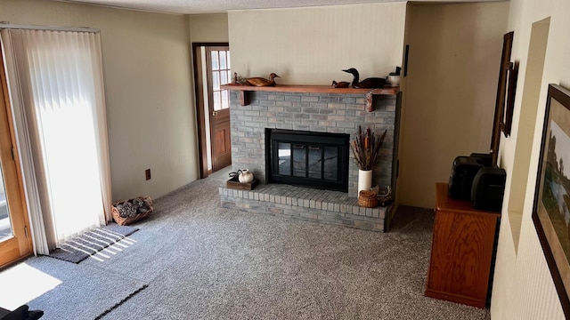 1821 W Hansen Rd, Scottville, MI 49454 - unfurnished living room with carpet floors and a fireplace