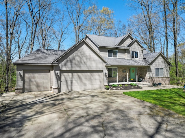 7111 Tucker Rd, Holly, MI 48442 - traditional-style house with a garage, driveway, brick siding, and a porch